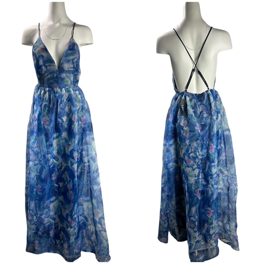 Lulu’s Bloom Wildly Navy Blue Floral Organza Maxi Dress Size Small NEW NWT